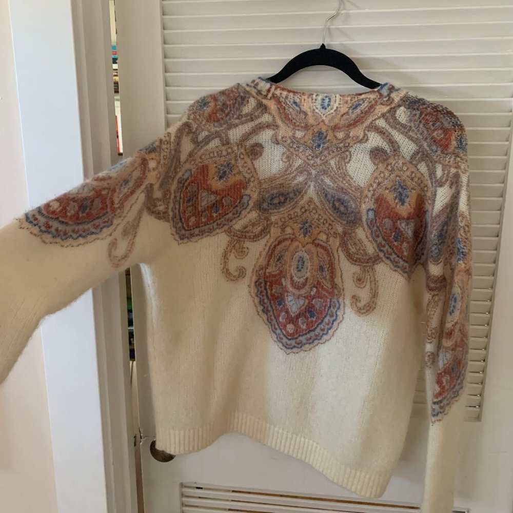 Sezane Cream, Blue and Brown baroque style sweater.
